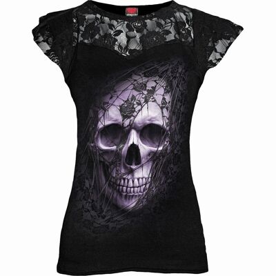 LACE SKULL - Top de manga japonesa con capas de encaje negro