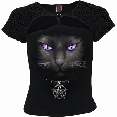 BLACK CAT - Top con maniche ad aletta in rete nera