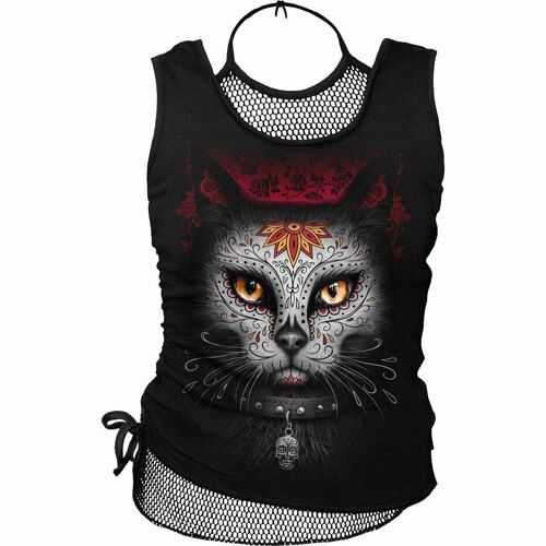 CATRINA - 2In1 Neck Tie Mesh Top Black