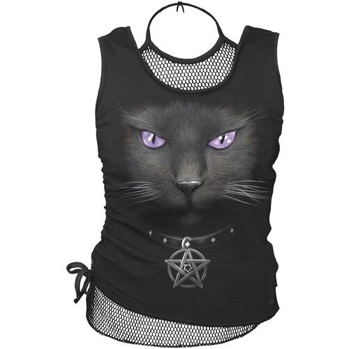 BLACK CAT - 2In1 Neck Tie Mesh Top Black