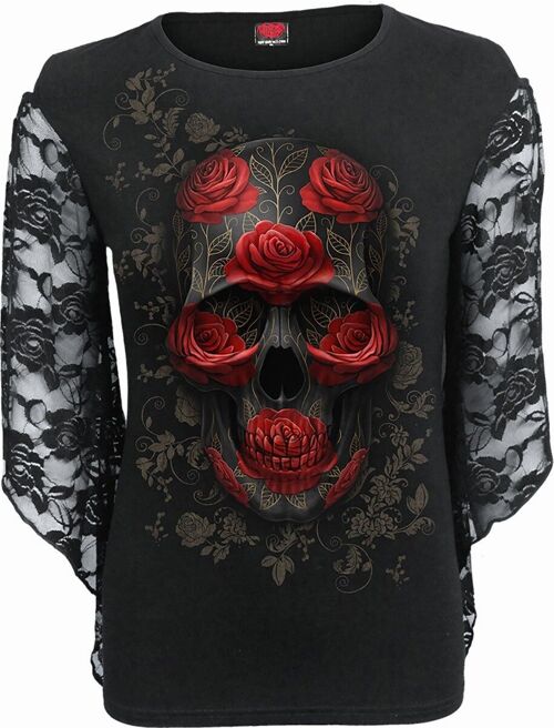 ORNATE SKULL - Rose Lace Sleeve Top
