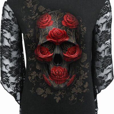 ORNATE SKULL - Rose Lace Sleeve Top