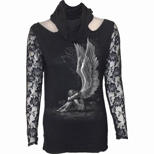 ENSLAVED ANGEL - Lace Sleeve Cowl Neck Top Black