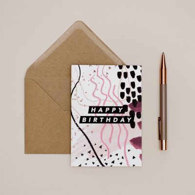 Tan, Black + Pink Abstract Birthday Card