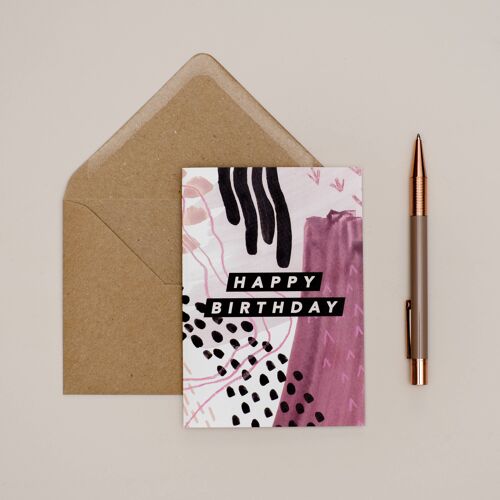 Pink + Black Abstract Birthday Card