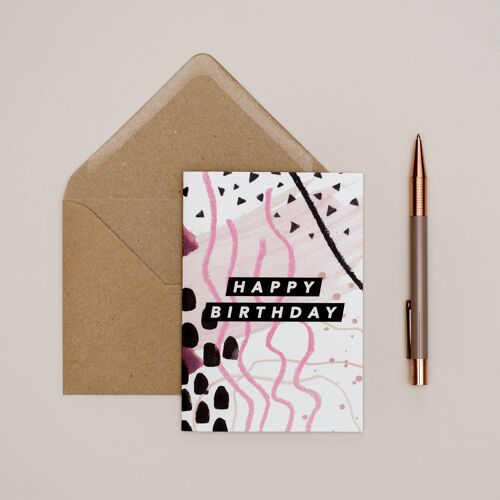 Pink, Black + Tan Abstract Birthday Card
