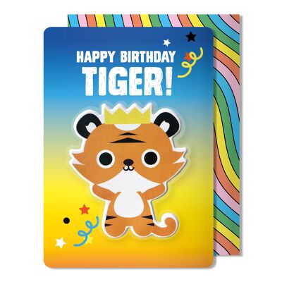 Tarjeta de cumpleaños de la etiqueta engomada hinchada del tigre