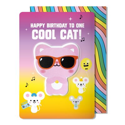 Tarjeta de cumpleaños de la etiqueta engomada hinchada del gato