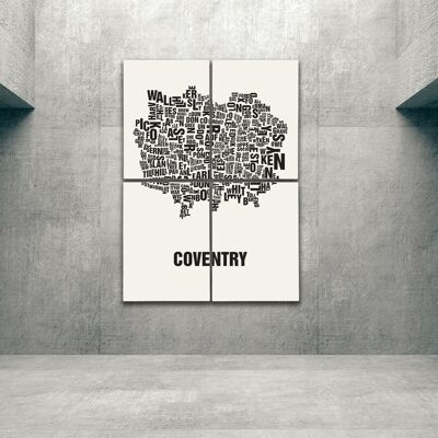 Buchstabenort Coventry Schwarz auf Naturweiß - 140x200cm-als-4-teiliger-keilrahmen