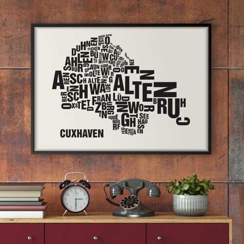 Buchstabenort Cuxhaven Schwarz auf Naturweiß - 50x70cm-siebdruck-gerahmt