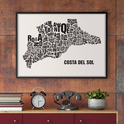 Buchstabenort Costa del Sol Schwarz auf Naturweiß - 50x70cm-siebdruck-gerahmt
