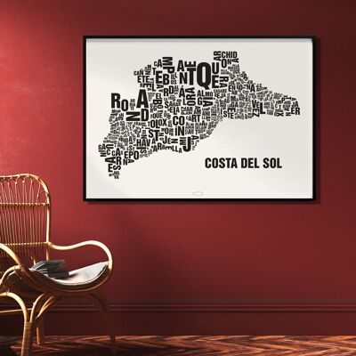 Carta ubicación Costa del Sol negra sobre blanco natural - 70x100cm-impresión digital-laminada