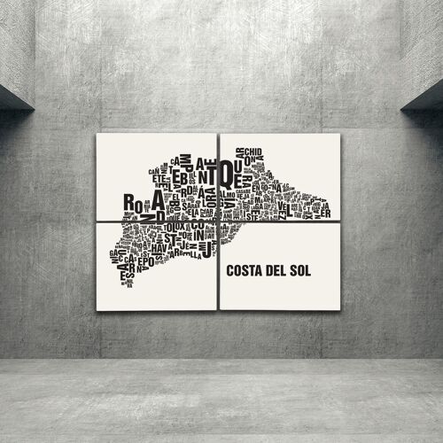Buchstabenort Costa del Sol Schwarz auf Naturweiß - 140x200cm-als-4-teiliger-keilrahmen