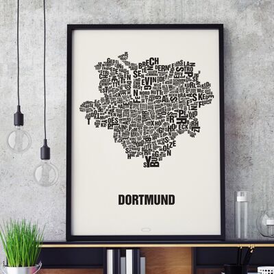 Place of the letters Dortmund black on natural white - 50x70cm-screen-printed-framed
