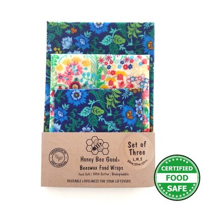 Made with Liberty Fabric | 3 (L,M,S) Beeswax Wraps | Handmade in the UK | Artist's Blue