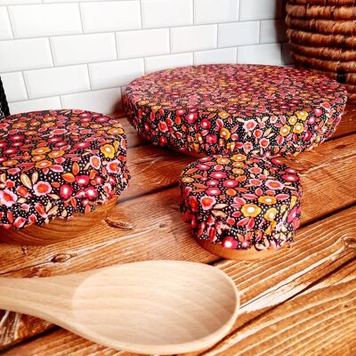 Set of 3 waterproof dish covers (or dish caps) in fabric designed for food contact