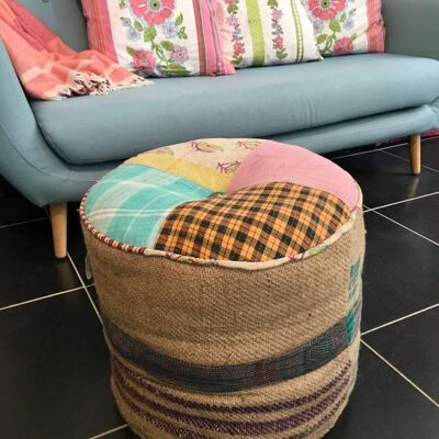 Upcycled Fabric Pouf - Pink/Green