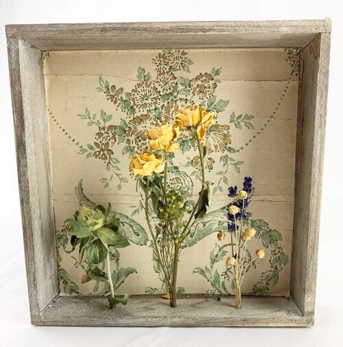 Dried Flower Display in Wooden Box - Yellow Roses