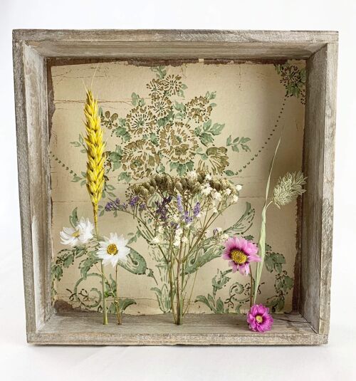 Dried Flower Display in Wooden Box - Purple pink yellow