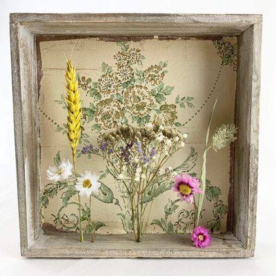 Dried Flower Display in Wooden Box - Purple pink yellow