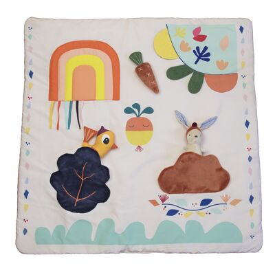 Colchoneta para despertar y manipular, juguete de aprendizaje para bebés, tamaño 80 x 80 cm. Lavable a 30°, Bolsa de transporte. Colección GABIN CONEJO