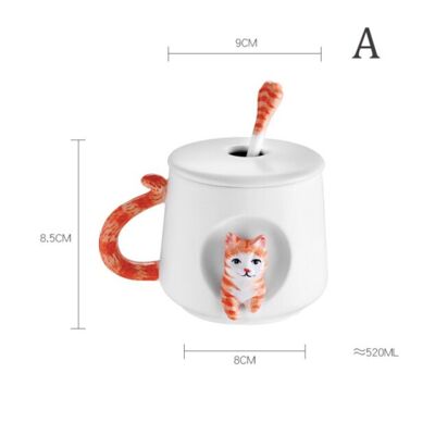 3D Cat Ceramic Mug with Saucer & Spoon - A