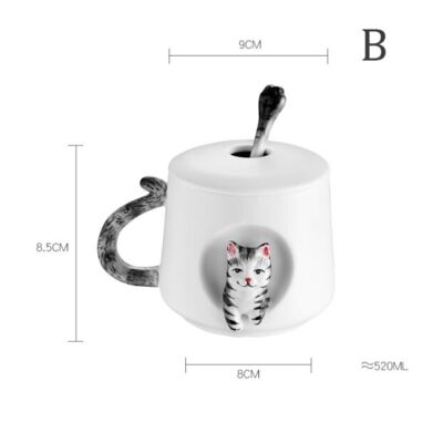 3D Cat Ceramic Mug with Saucer & Spoon - B