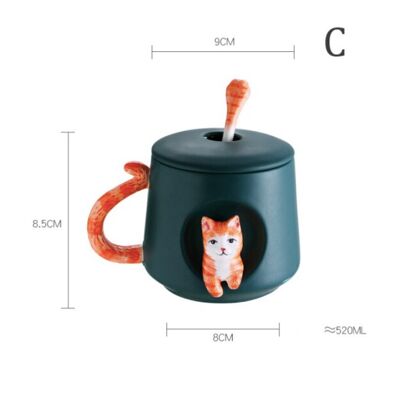 3D Cat Ceramic Mug with Saucer & Spoon - C