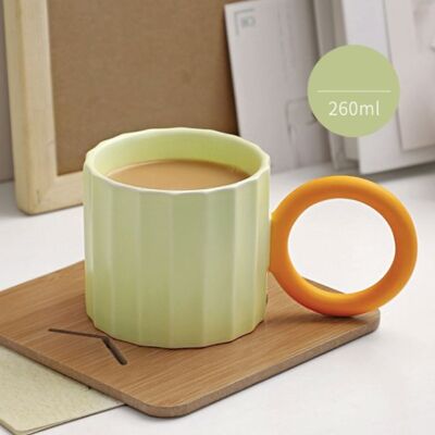 Handmade Ceramic Coffee Mug - Green with Orange Handle