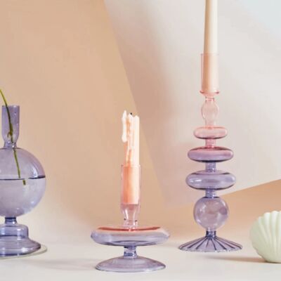 Lilac Pink Glass Candlestick Holder - A