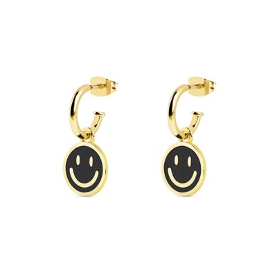 Smiley Black Enamel Gold Hoop Earrings
