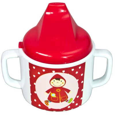 Taza bebé de melamina con 2 asas para agarrar bien y tapa antigoteo. Altura 10,5 cm. Colección Caperucita Roja