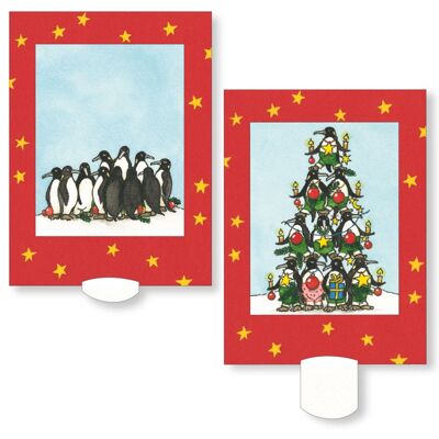 Tarjeta viviente "Pingüinos navideños", postal de listones de alta calidad / Navidad