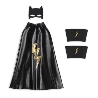 CONJUNTO DISFRAZ SUPERHÉROE NEGRO CAPA+MASCARA+PUÑOS