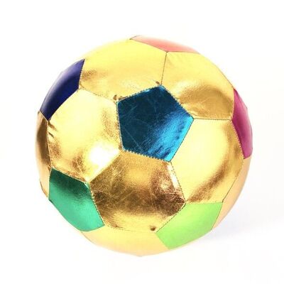 Balón de fútbol de tela multico para inflar entregado en caja de cartón de 22 cm de diámetro.