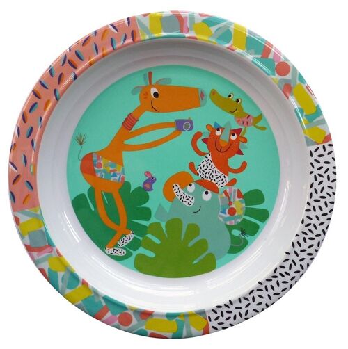 Assiette mélamine bébé, large rebord. Diamètre 21 cm. Collection Jungle Boogie