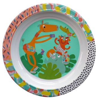 Assiette mélamine bébé, large rebord. Diamètre 21 cm. Collection Jungle Boogie 1