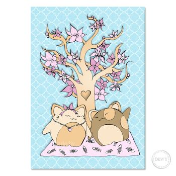 Carte postale A6 avec arbre en fleurs Sakura et chats porte-bonheur 2