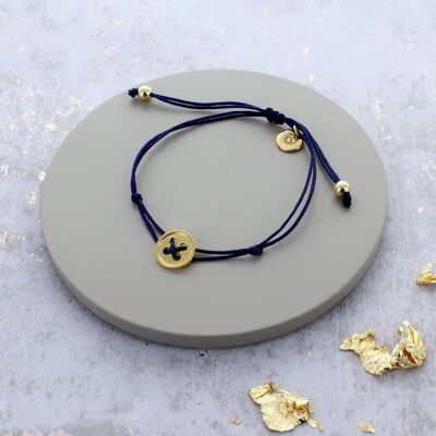 Gold Plated Sterling Silver Button Friendship Bracelet - Navy Blue
