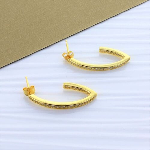 Curved Hoop Zircon Earrings - Gold
