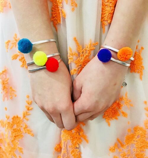 Pom Pom Leather Bracelet - Neon Orange