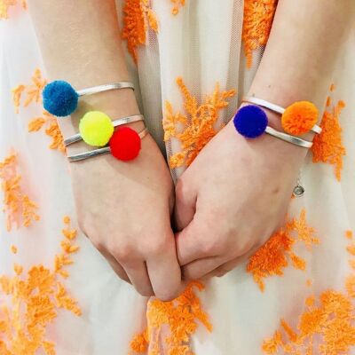 Bracelet Cuir Pompons - Orange Fluo