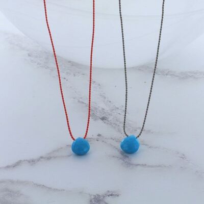 Collier cordon turquoise et soie à facettes - Cordon de soie corail 18" avec chaîne d'extension