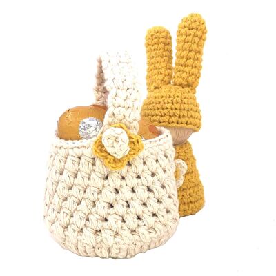 sustainable mini handle basket off white, 6x6cm + handle - organic cotton - hand crochet in Nepal