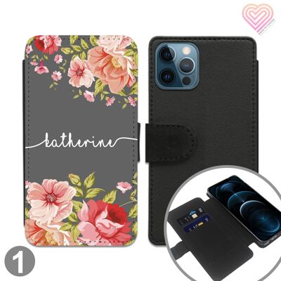 Personalised Flower Print Design Flip Wallet Phone Case - 1