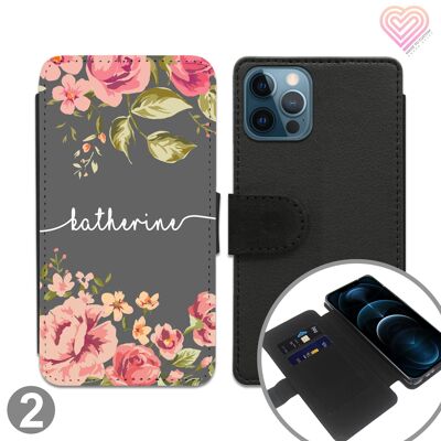 Personalised Flower Print Design Flip Wallet Phone Case - 2