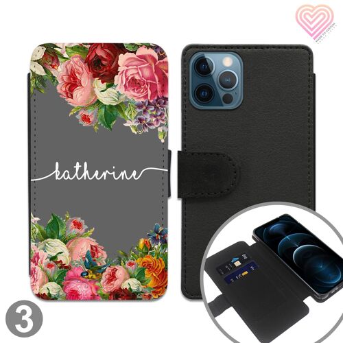 Personalised Flower Print Design Flip Wallet Phone Case - 3