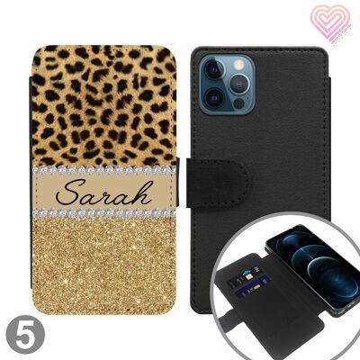 Estuche para teléfono tipo cartera con tapa personalizada con estampado de leopardo - 5
