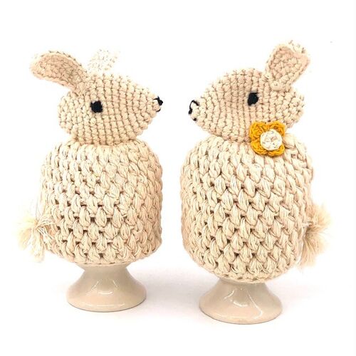 sustainable egg warmer rabbit made of organic cotton - off white - handmade in Nepal - crochet rabbit egg cozy off white