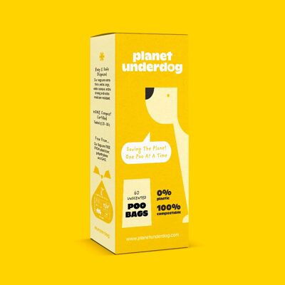 60 sacchetti per cacca di cane compostabili Planet Underdog - scatola gialla